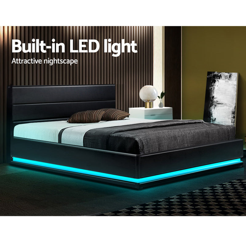 Artiss Lumi LED Bed Frame PU Leather Gas Lift Storage - Black Double