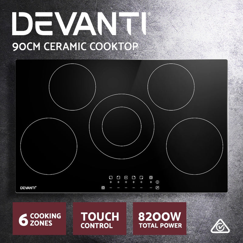 Devanti 90cm Ceramic Cooktop Electric Cook Top 5 Burner Stove Hob Touch Control 6-Zones