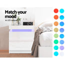 Artiss Bedside Tables Side Table Drawers RGB LED High Gloss Nightstand White