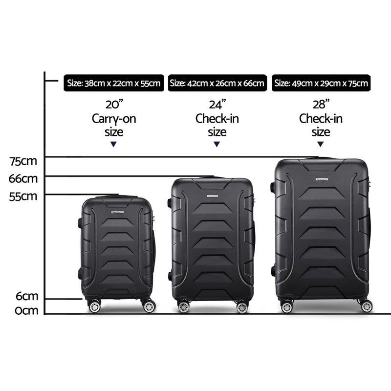 Wanderlite 3pc Luggage Travel Sets Suitcase Trolley TSA Lock Bonus Black