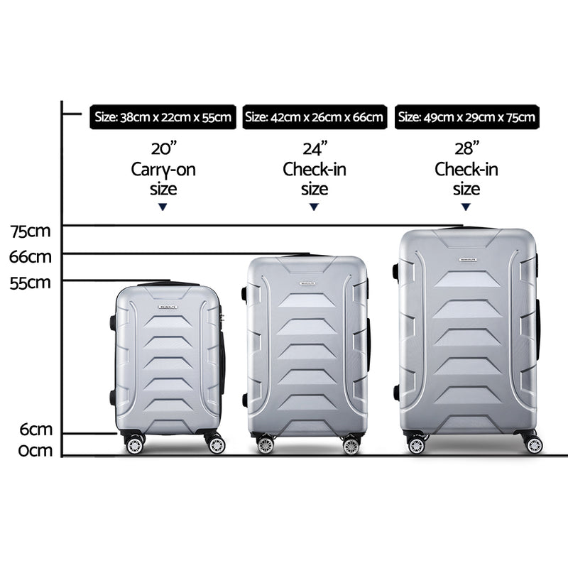 Wanderlite 3pc Luggage Travel Sets Suitcase Trolley TSA Lock Silver