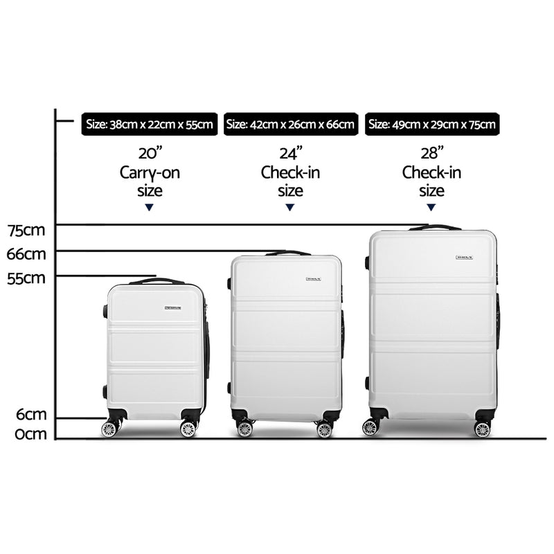 Wanderlite 3pc Luggage Trolley Set Suitcase Travel TSA Hard Case White