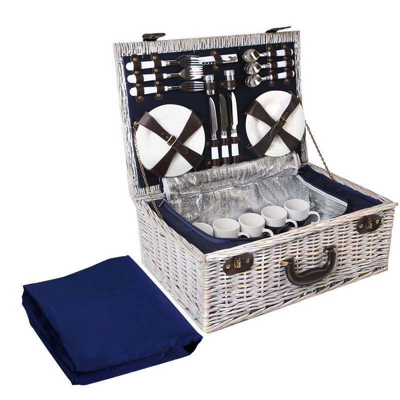 Alfresco 6 Person Picnic Basket Set Cooler Bag Wicker PU Fastening Straps Plates