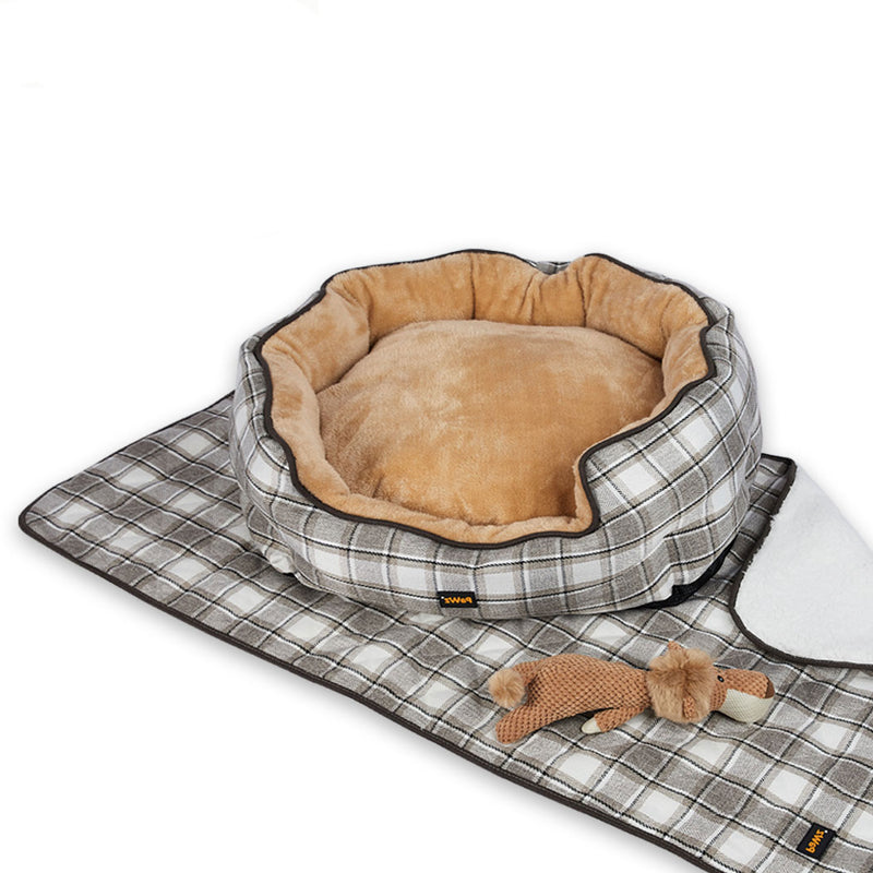 PaWz Pet Bed Set Dog Cat Quilted Blanket Squeaky Toy Calming Warm Soft Nest Checkered XL