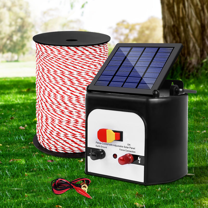 Giantz Electric Fence Energiser 8km Solar Powered Charger + 500m Polytape Rope
