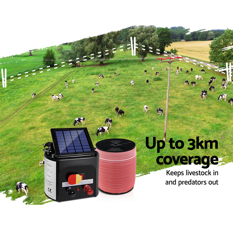 Giantz Electric Fence Energiser 3km Solar Powered Energizer Set + 1200m Tape