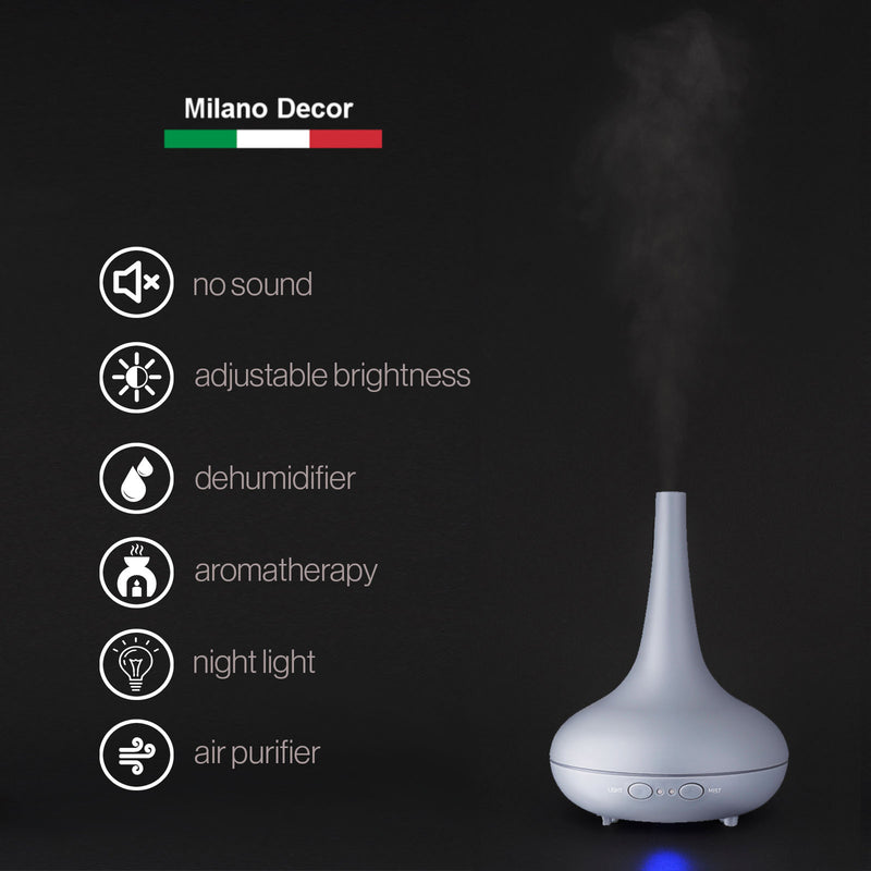 Essential Oil Diffuser Ultrasonic Humidifier Aromatherapy LED Light 200ML 3 Oils - Matte Grey
