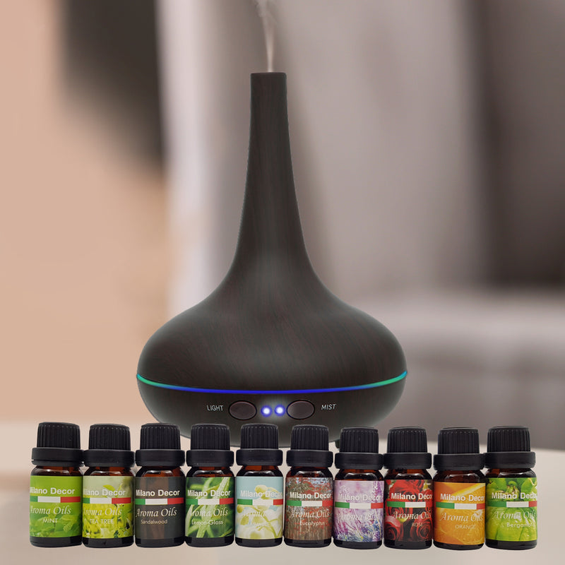 Milano Aroma Diffuser Set With 10 Pack Diffuser Oils Humidifier Aromatherapy - Dark Wood