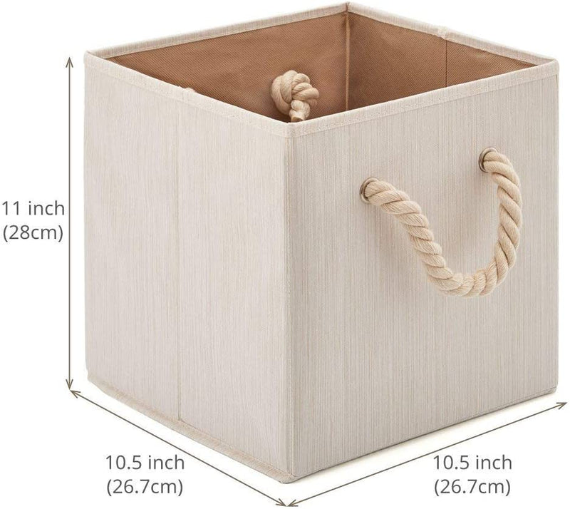 Pack of 4 Foldable Fabric Storage Cube Bins with Cotton Rope Handle and Collapsible Water Resistant Basket Box Organizer for Shelves (Beige)