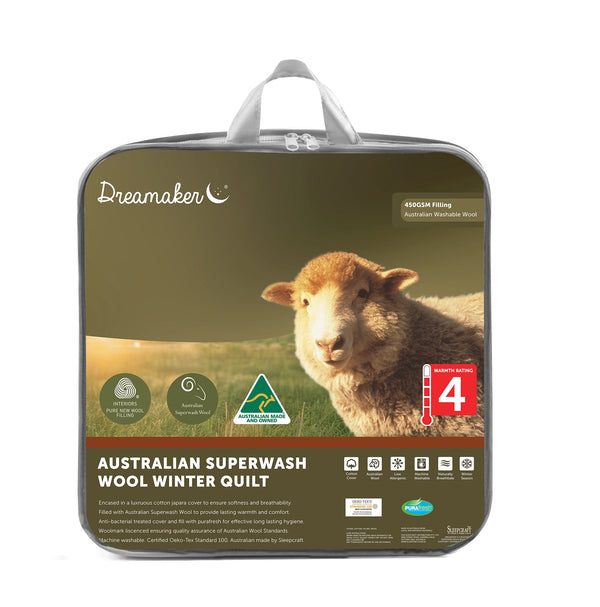 Dreamaker Australian Superwash Wool Winter Weight Quilt 450Gsm King Bed