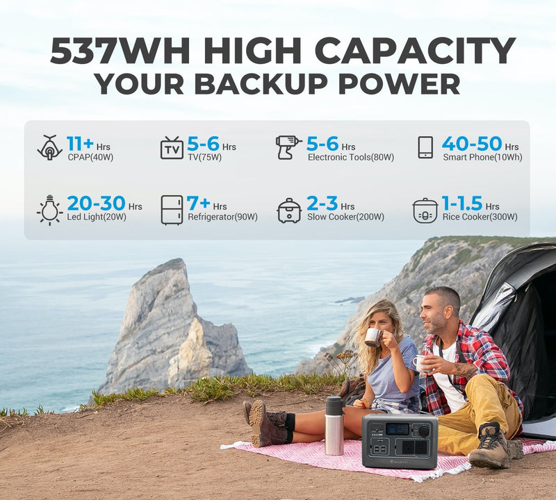 Bluetti EB55 Portable Power Station 700W/537Wh LiFePO4 Battery Backup AU Plug for Home Emergency Outdoor Camping Black