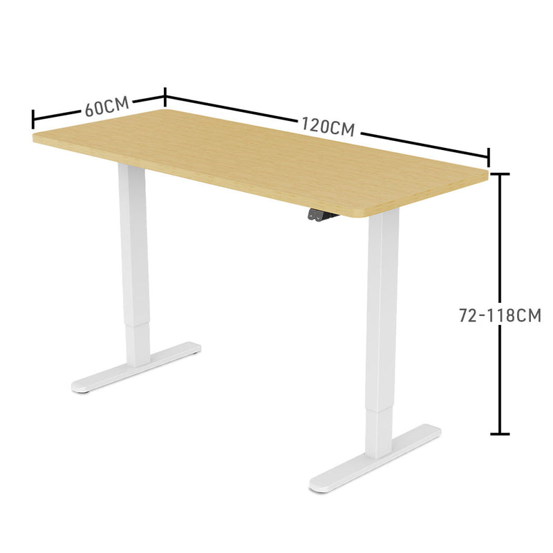 FORTIA Sit Stand Standing Desk, 120x60cm, 72-118cm Height Adjustable, 70kg Load, White Oak style/White Frame