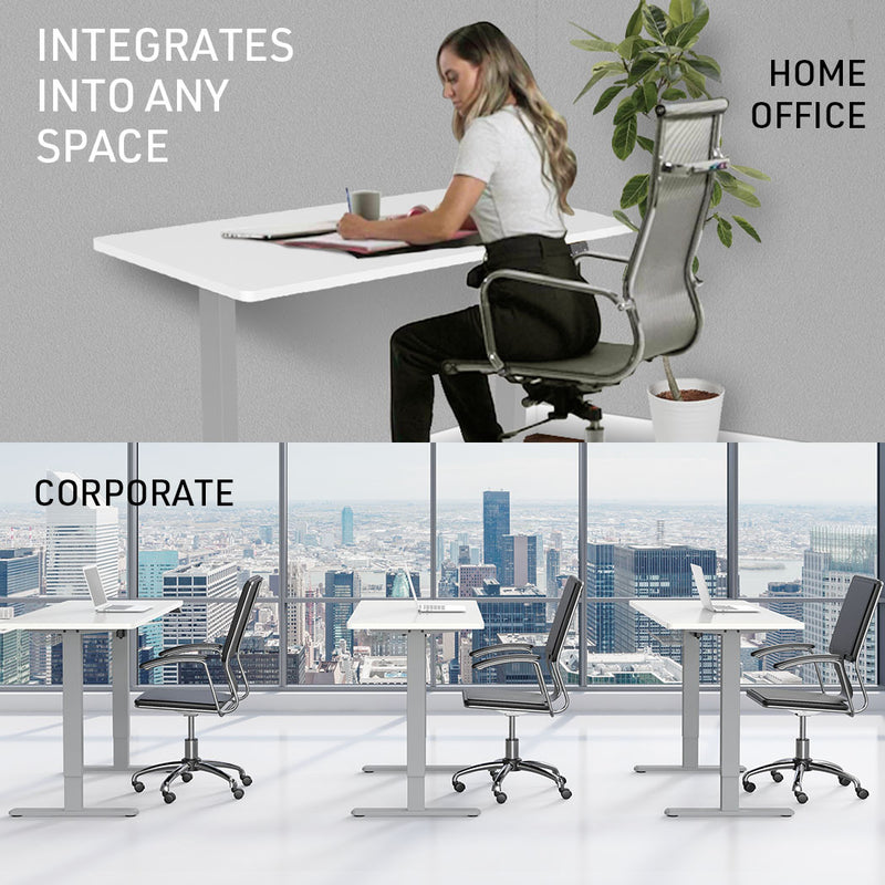 FORTIA Sit Stand Standing Desk, 140x60cm, 72-118cm Height Adjustable, 70kg Load, White/Silver Frame