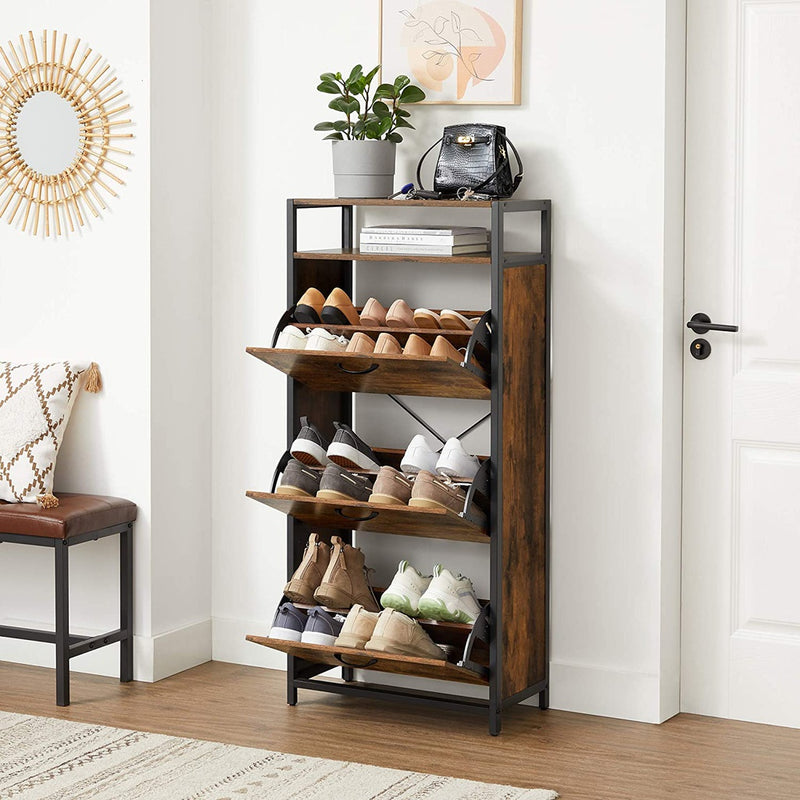 VASAGLE Shoe Cabinet 3 Tier with Shelf Rustic Brown and Black LBS101B01