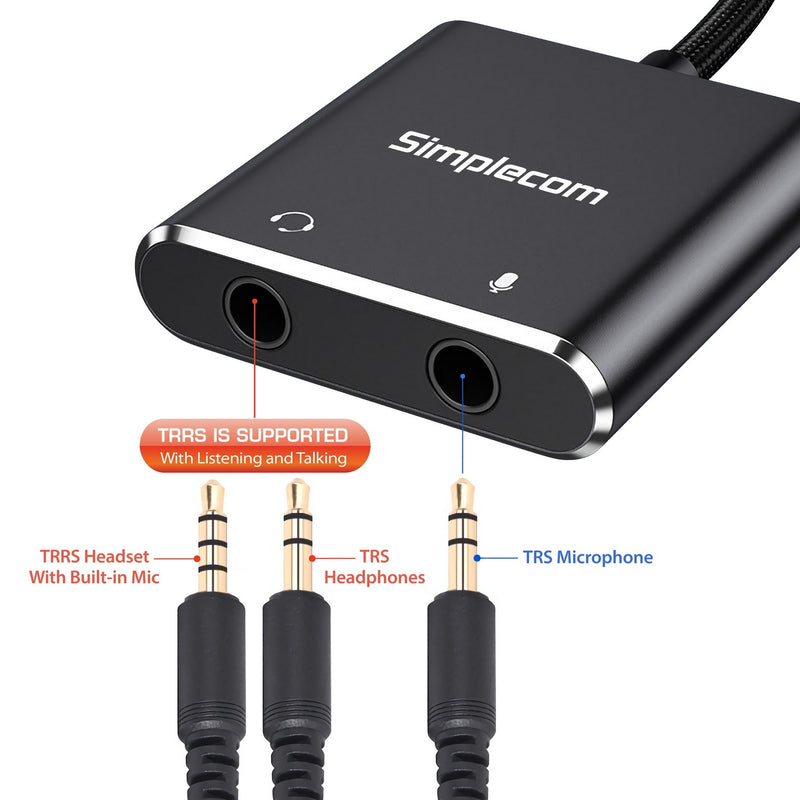 Simplecom CA152 USB to 3.5mm Audio and Microphone Sound Card Adapter for TRS or TRRS Headset with Mic