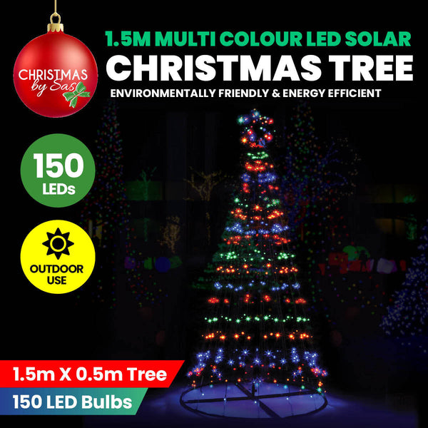 Christmas By Sas 1.5m Solar Powered Tree With Star Metal Frame 150 LED Bulbs