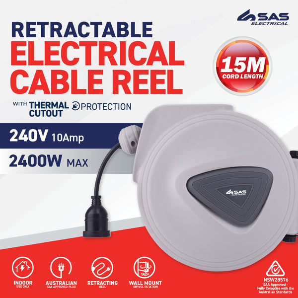 SAS Electrical 15m Retractable Electrical Cable Reel Swivel Mounting Bracket