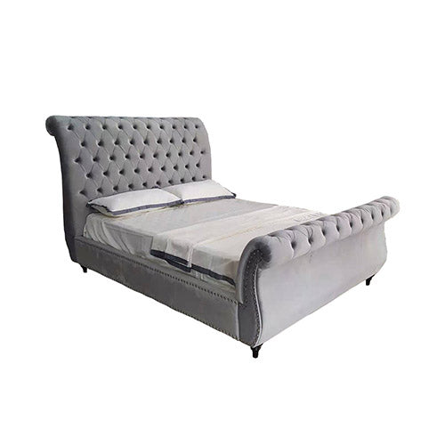 Queen Bed Frame Upholstery Velvet Fabric in Grey with Tufted Headboard Sleigh Bed