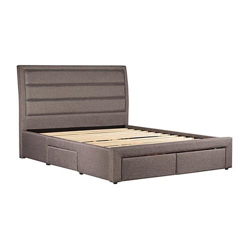 Storage Bed Frame Queen Size Upholstery Fabric in Light Grey with Base Drawers