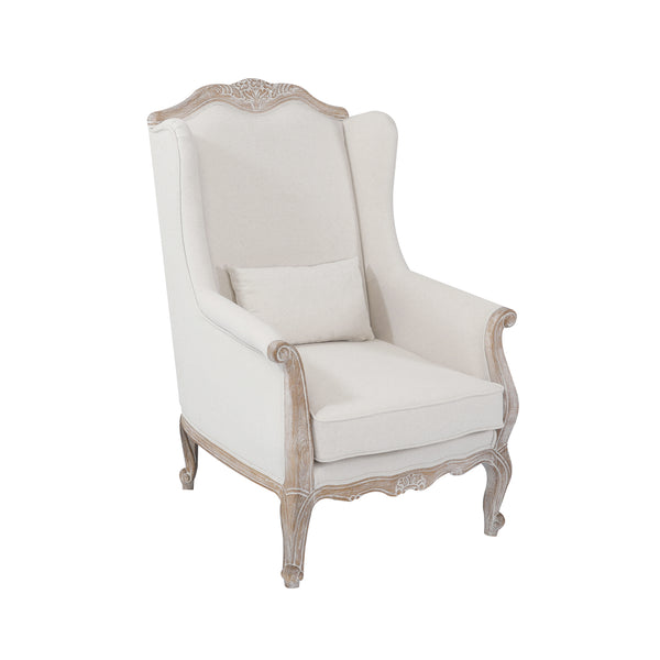 Wing Chair Linen Fabric Oak Wood White Washed Finish Rolled Armrest