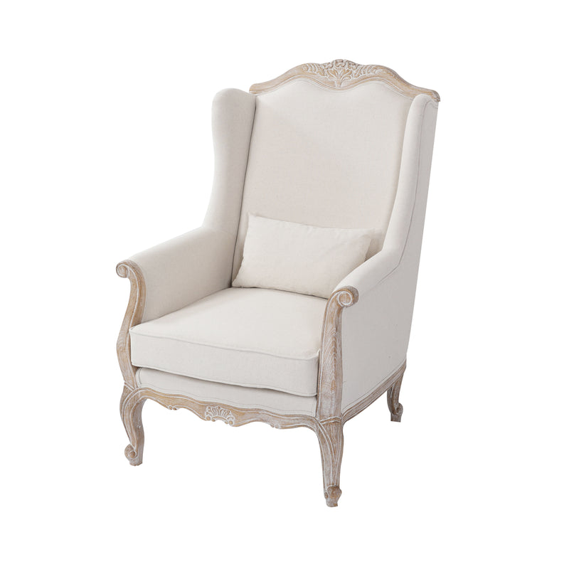 Wing Chair Linen Fabric Oak Wood White Washed Finish Rolled Armrest