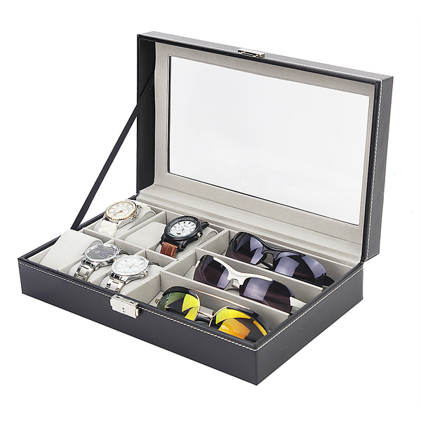 6+3 Grid Watch Sunglass Eyeglasses Display Box Case Storage Organizer PU Leather