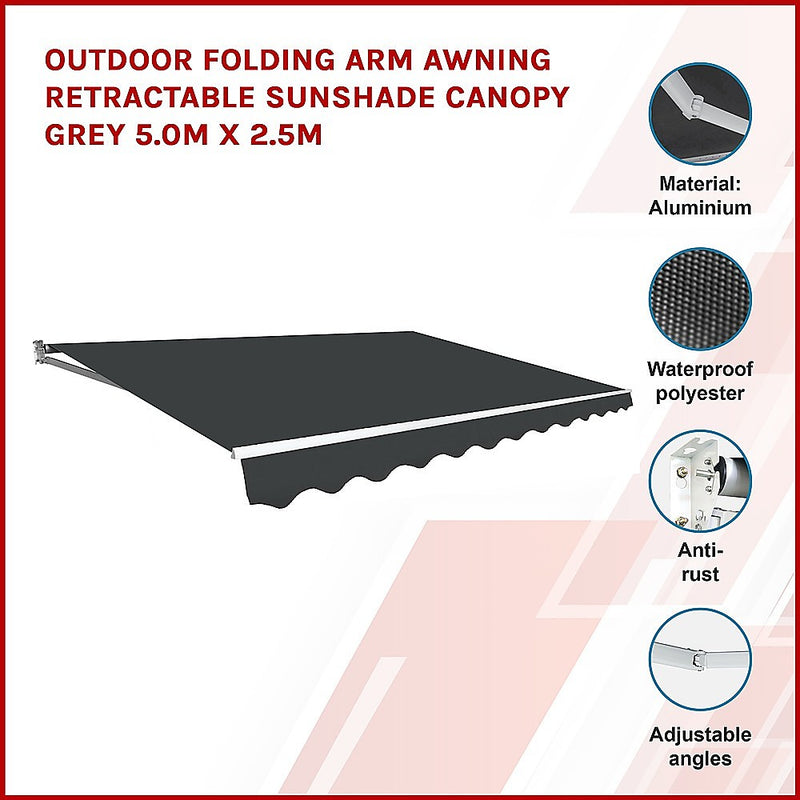 Outdoor Folding Arm Awning Retractable Sunshade Canopy Grey 5.0m x 2.5m