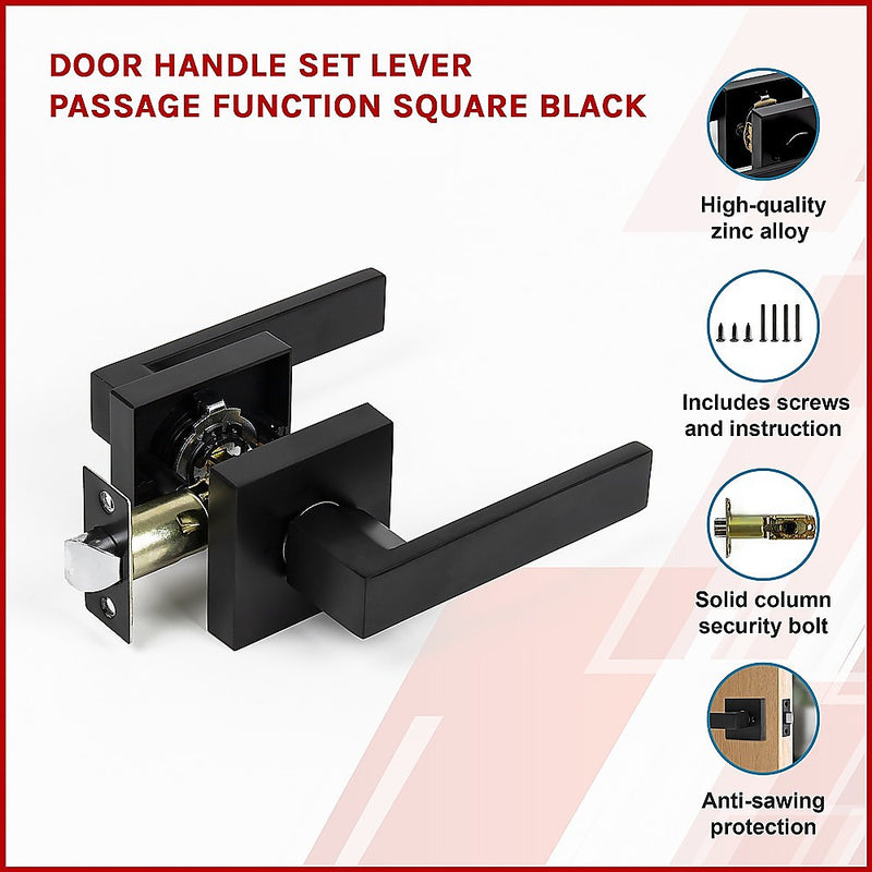 Door Handle Set Lever Passage Function Square Black