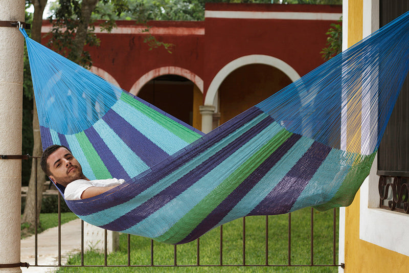 Queen Size Mayan Legacy Cotton Mexican Hammock in Oceanica Colour